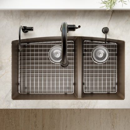 32-1/2" Undermount Double Offset Bowl Quartz Composite Kitchen Sink Kit In Brown