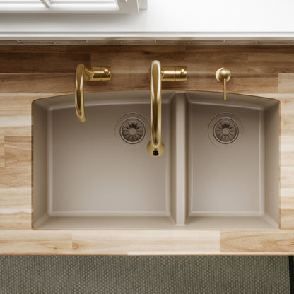 32-1/2" Undermount Double Offset Bowl Quartz Composite Kitchen Sink In Concrete