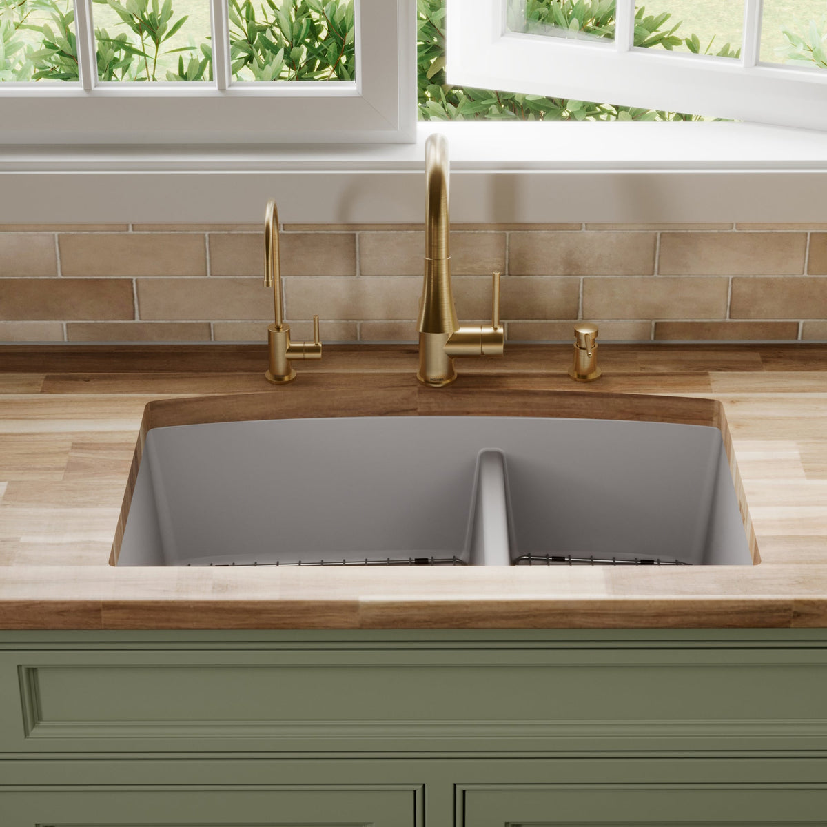32-1/2" Undermount Double Offset Bowl Quartz Composite Kitchen Sink Kit In Grey
