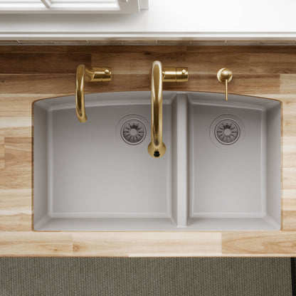 32-1/2" Undermount Double Offset Bowl Quartz Composite Kitchen Sink In Grey