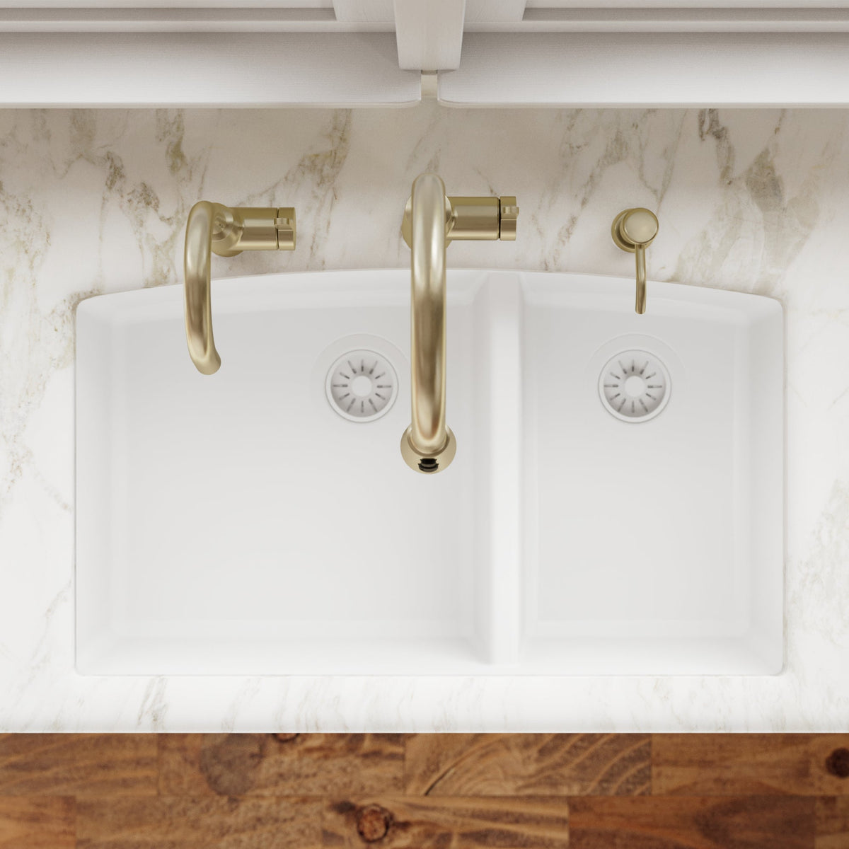32-1/2" Undermount Double Offset Bowl Quartz Composite Kitchen Sink In White