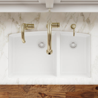 32-1/2" Undermount Double Offset Bowl Quartz Composite Kitchen Sink In White