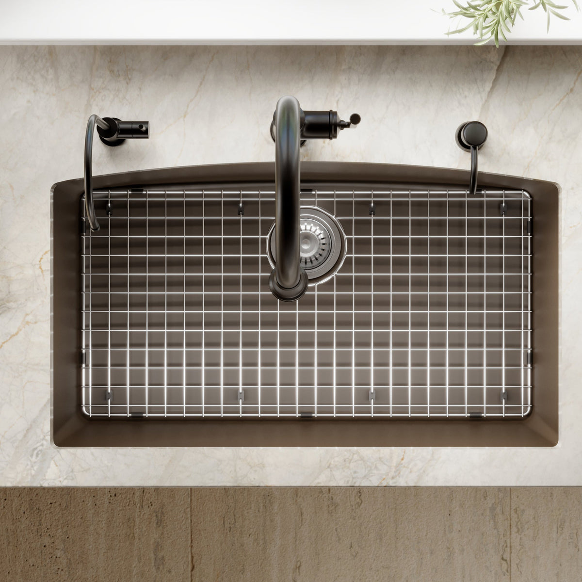 32-1/2" Undermount Large Single Bowl Quartz Composite Kitchen Sink Kit In Brown