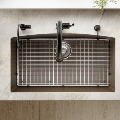 32-1/2" Undermount Large Single Bowl Quartz Composite Kitchen Sink Kit In Brown