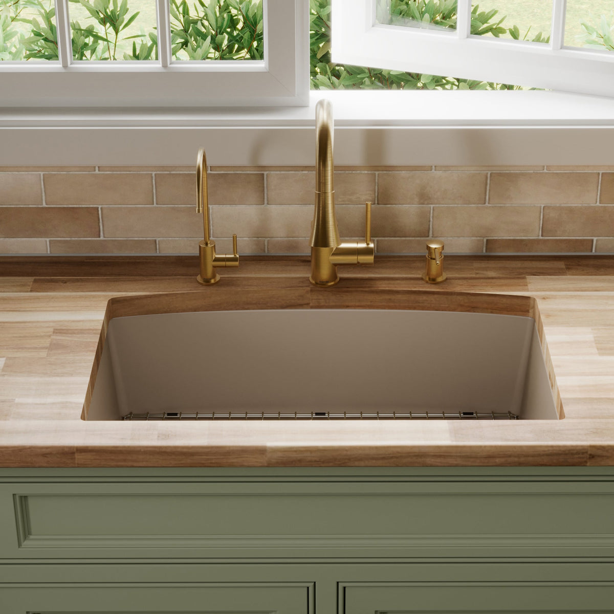 32-1/2" Undermount Large Single Bowl Quartz Composite Kitchen Sink Kit In Concrete