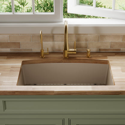 32-1/2" Undermount Large Single Bowl Quartz Composite Kitchen Sink Kit In Concrete