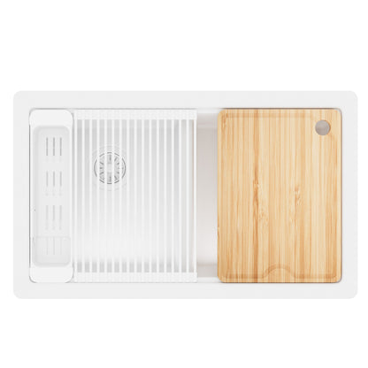 32" Undermount Double Bowl Quartz Kitchen Sink Kit In White