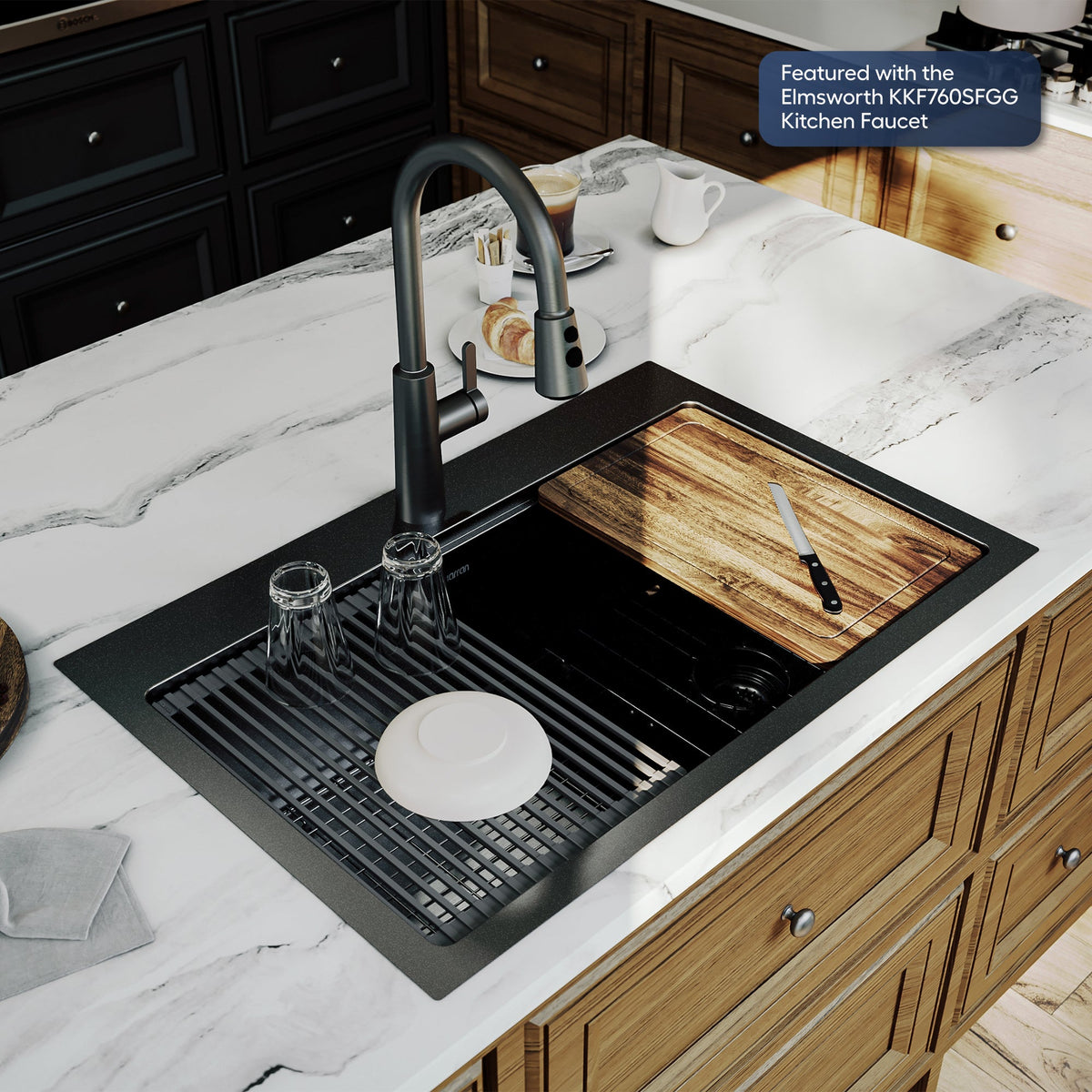 Elite 33" Top Mount Workstation 16 Gauge Stainless Steel Single Bowl Kitchen Sink In Gunmetal Black