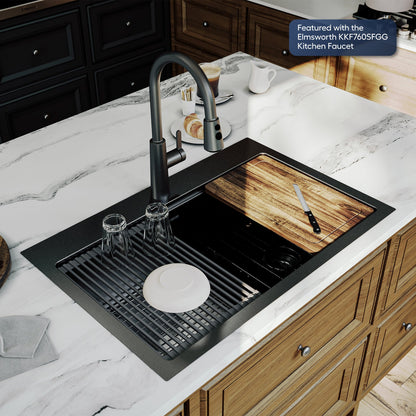 Elite 33" Top Mount Workstation 16 Gauge Stainless Steel Single Bowl Kitchen Sink In Gunmetal Black