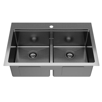 Elite 33" Top Mount Workstation 16 Gauge Stainless Steel Double Bowl Kitchen Sink In Gunmetal Black