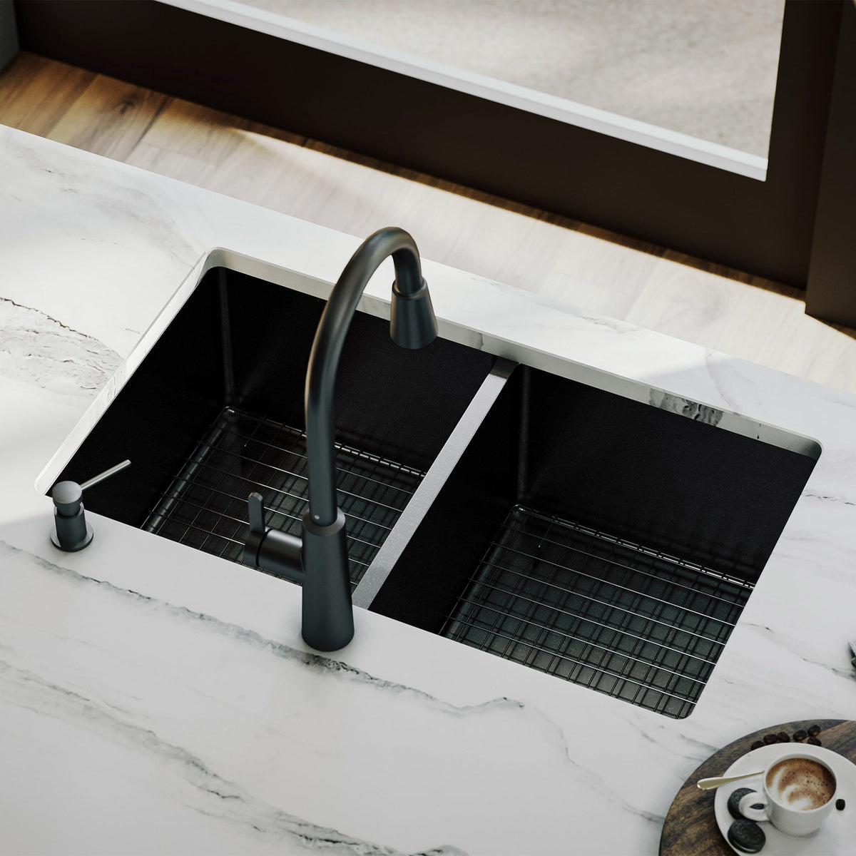 Elite 32" Undermount 16 Gauge Stainless Steel Double Bowl Kitchen Sink In Gunmetal Black