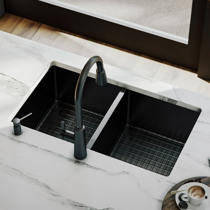 Elite 32" Undermount 16 Gauge Stainless Steel Double Bowl Kitchen Sink In Gunmetal Black