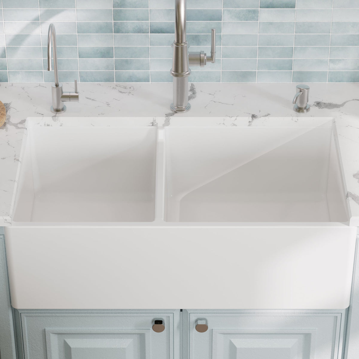 Fireclay 33" Reversible Apron Front Double Bowl Kitchen Sink In White