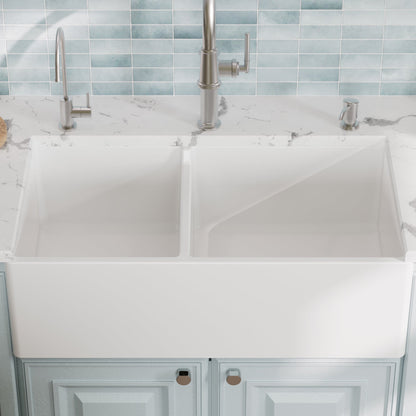 Fireclay 33" Reversible Apron Front Double Bowl Kitchen Sink In White