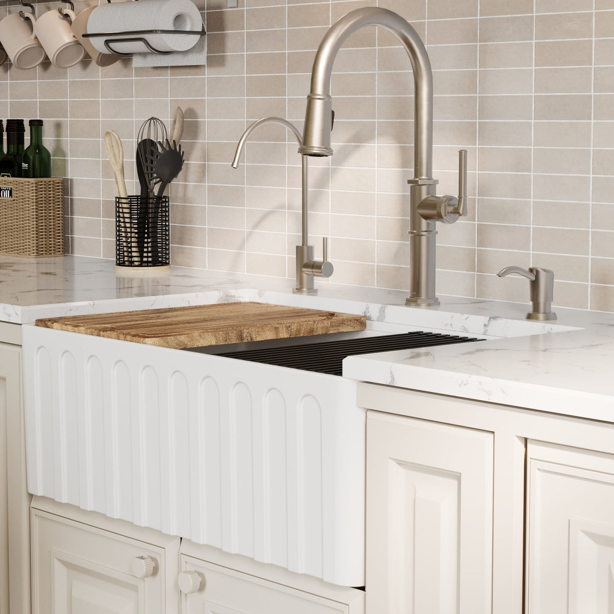 Fireclay 30" Reversible Apron Front Single Bowl Workstation Kitchen Sink In White