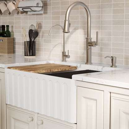 Fireclay 30" Reversible Apron Front Single Bowl Workstation Kitchen Sink In White