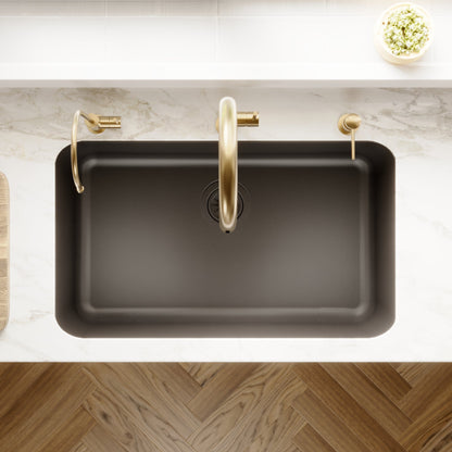 30-7/8" Seamless Undermount Large Single Bowl Quartz Composite Kitchen Sink In Black
