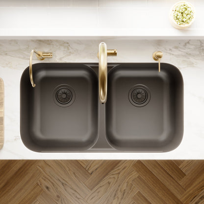 32-7/8" Seamless Undermount Doube Equal Bowl Quartz Composite Kitchen Sink In Black