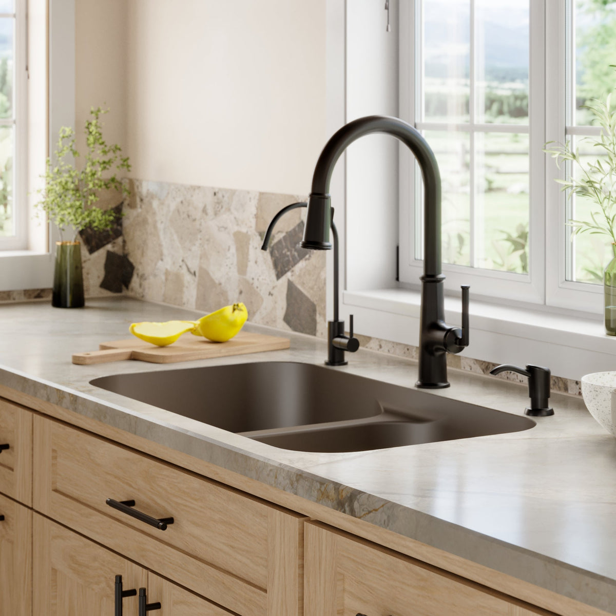 32-7/8" Seamless Undermount Doube Equal Bowl Quartz Composite Kitchen Sink In Brown