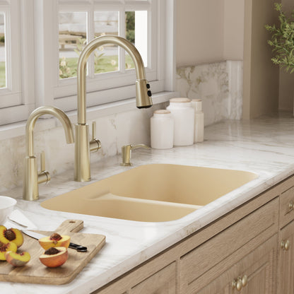 32-7/8" Seamless Undermount Doube Equal Bowl Quartz Composite Kitchen Sink In Bisque