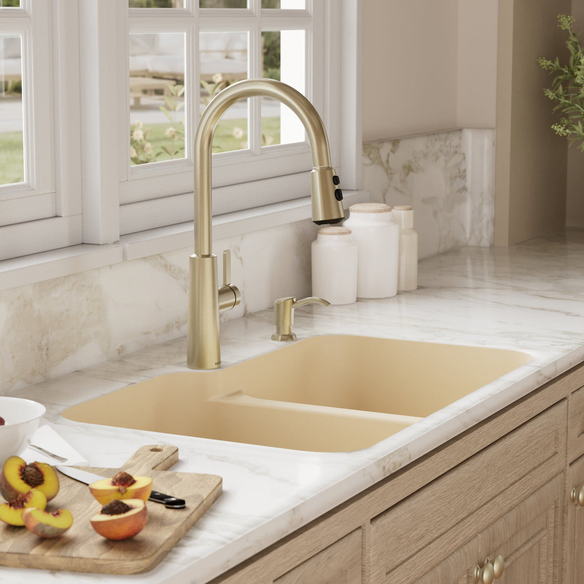 32-3/8" Seamless Undermount Double Offset Bowl Quartz Composite Kitchen Sink In Bisque