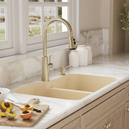 32-3/8" Seamless Undermount Double Offset Bowl Quartz Composite Kitchen Sink In Bisque
