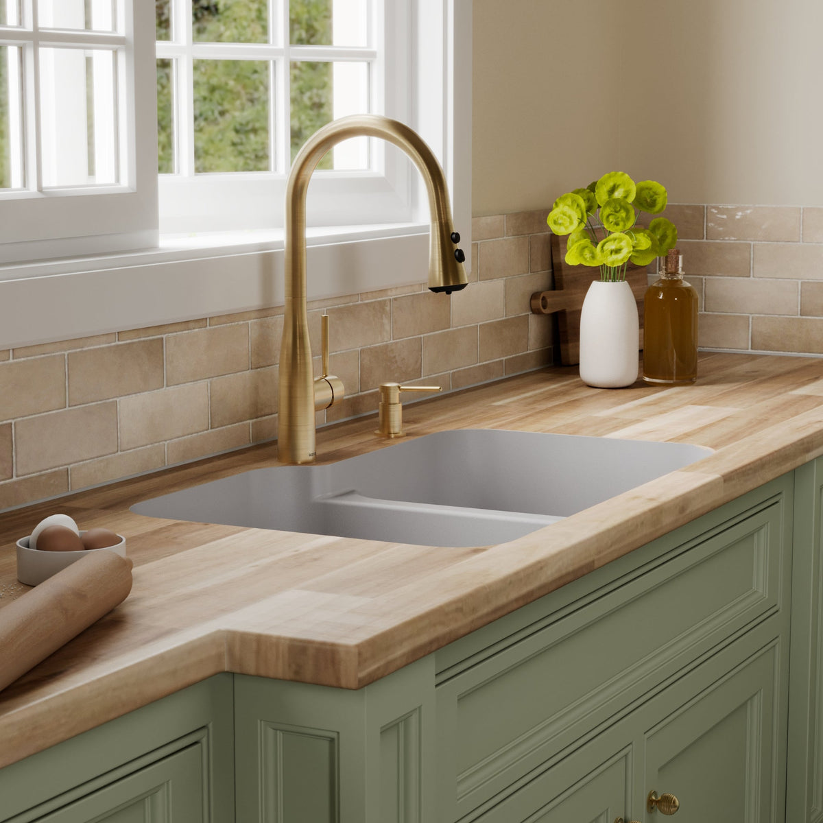 32-3/8" Seamless Undermount Double Offset Bowl Quartz Composite Kitchen Sink In Grey
