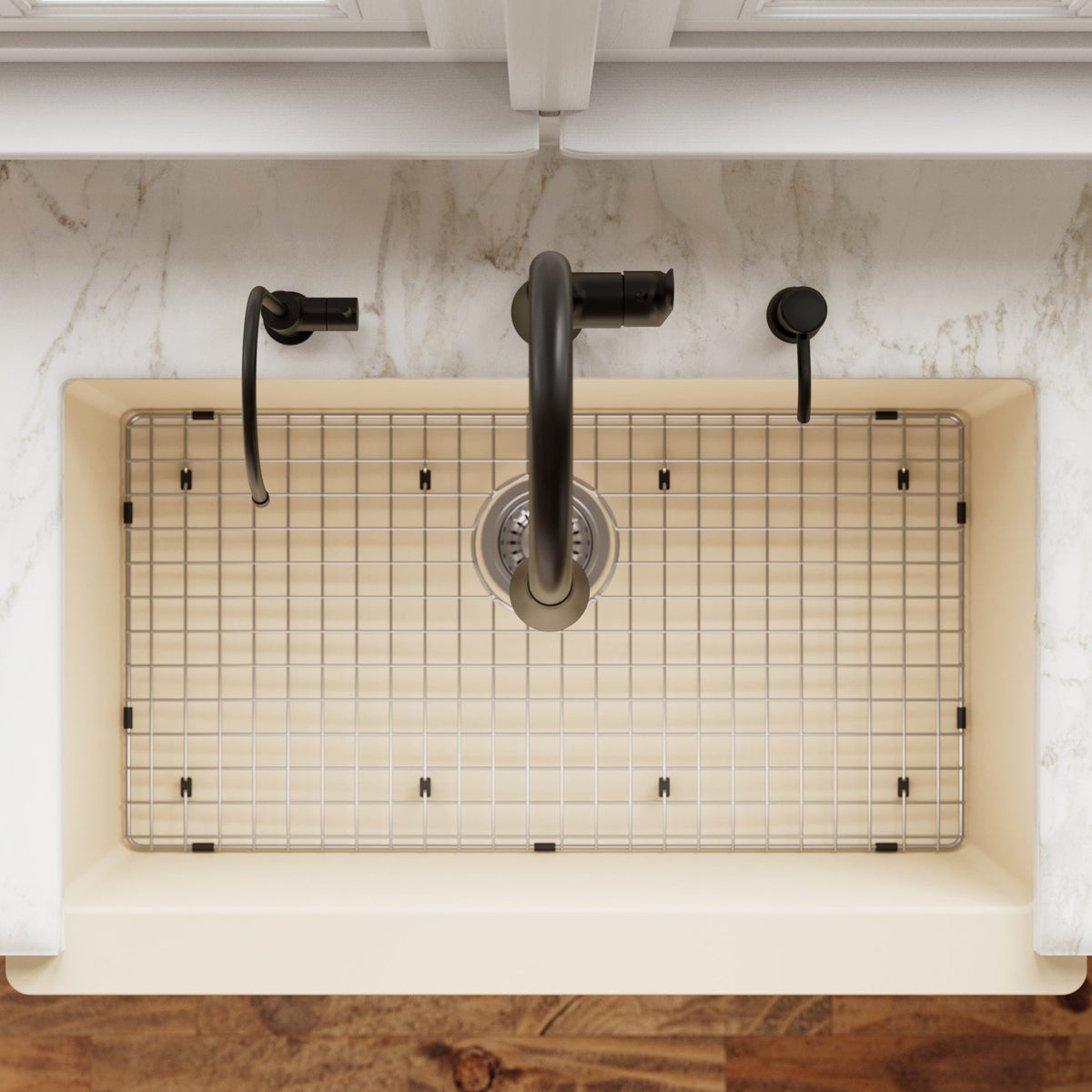 Farmhouse/Apron-Front Quartz Composite 34" Single Bowl Kitchen Sink Kit In Bisque