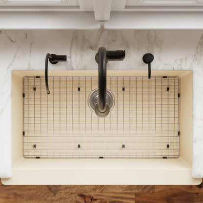Farmhouse/Apron-Front Quartz Composite 34" Single Bowl Kitchen Sink Kit In Bisque