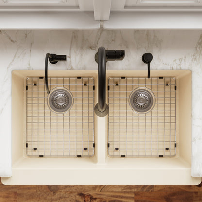 34" Farmhouse Double Equal Bowl Quartz Composite Kitchen Sink Kit In Bisque