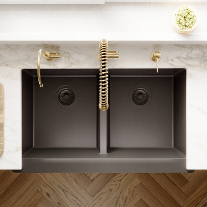 34" Farmhouse Double Equal Bowl Quartz Composite Kitchen Sink In Black
