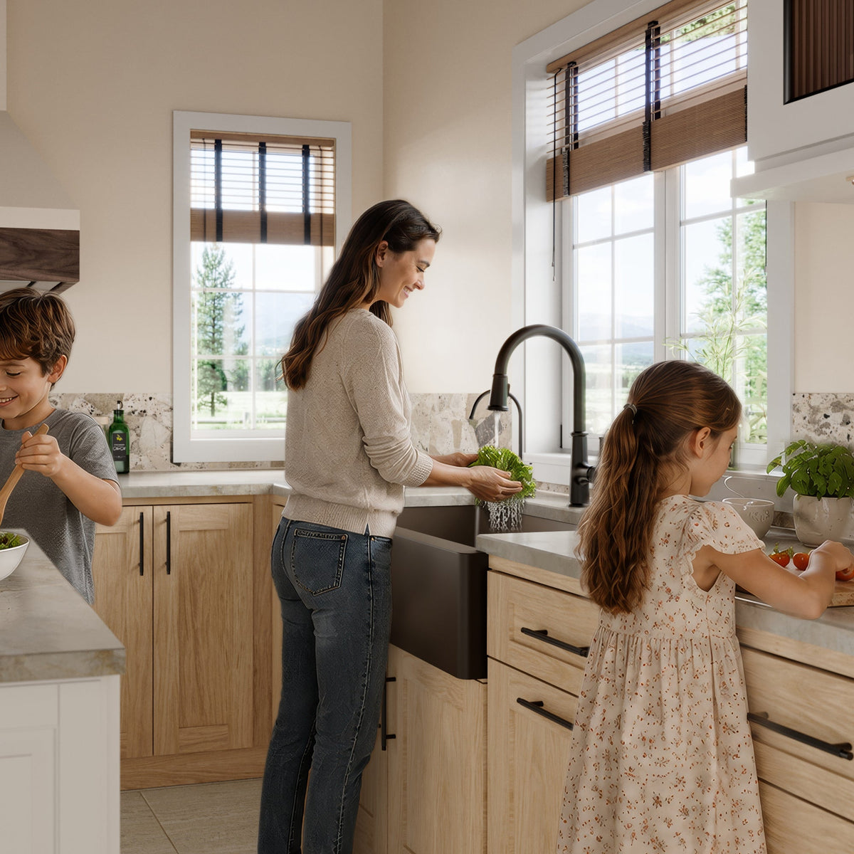 34" Farmhouse Double Equal Bowl Quartz Composite Kitchen Sink Kit In Brown