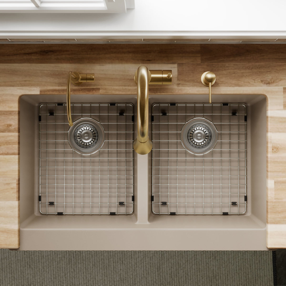 34" Farmhouse Double Equal Bowl Quartz Composite Kitchen Sink Kit In Concrete