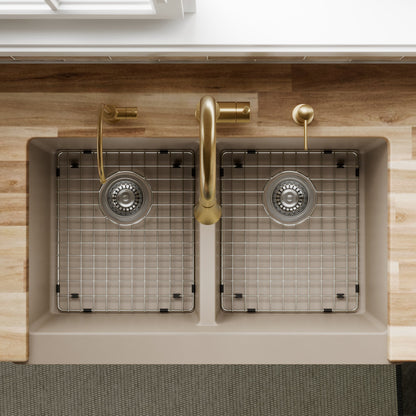 34" Farmhouse Double Equal Bowl Quartz Composite Kitchen Sink Kit In Concrete