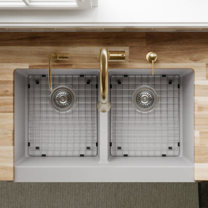 34" Farmhouse Double Equal Bowl Quartz Composite Kitchen Sink Kit In Grey