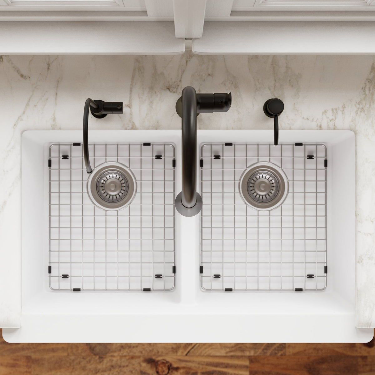 34" Farmhouse Double Equal Bowl Quartz Composite Kitchen Sink Kit In White