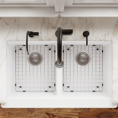 34" Farmhouse Double Equal Bowl Quartz Composite Kitchen Sink Kit In White