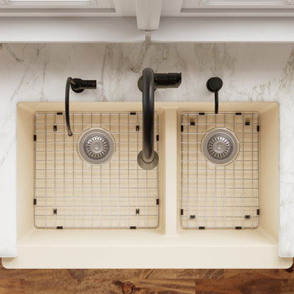 34" Farmhouse Double Offset Bowl Quartz Composite Kitchen Sink Kit In Bisque