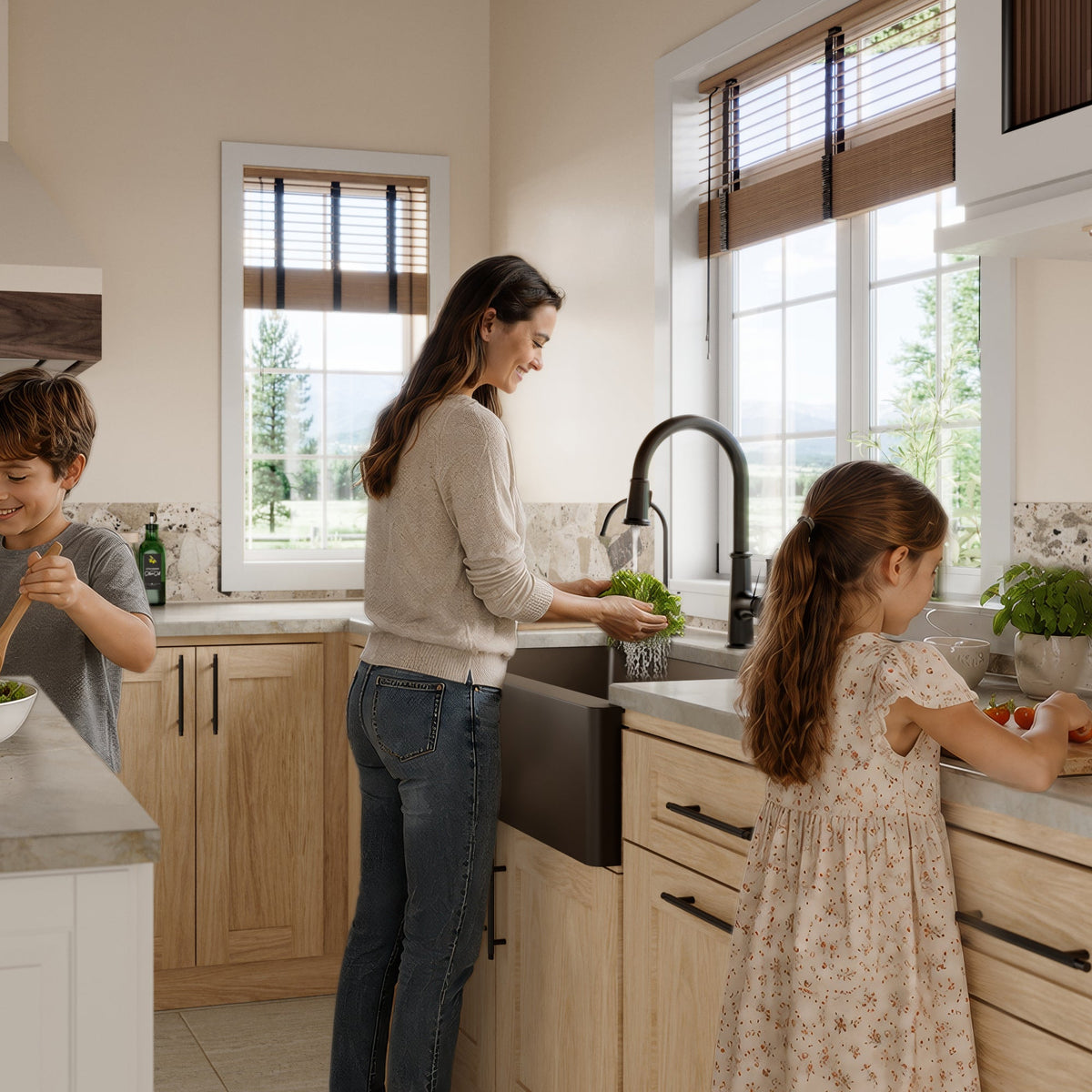 34" Farmhouse Double Offset Bowl Quartz Composite Kitchen Sink Kit In Brown