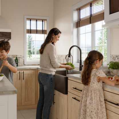 34" Farmhouse Double Offset Bowl Quartz Composite Kitchen Sink Kit In Brown