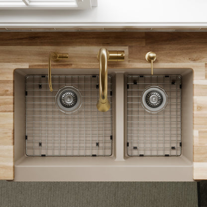 34" Farmhouse Double Offset Bowl Quartz Composite Kitchen Sink Kit In Concrete