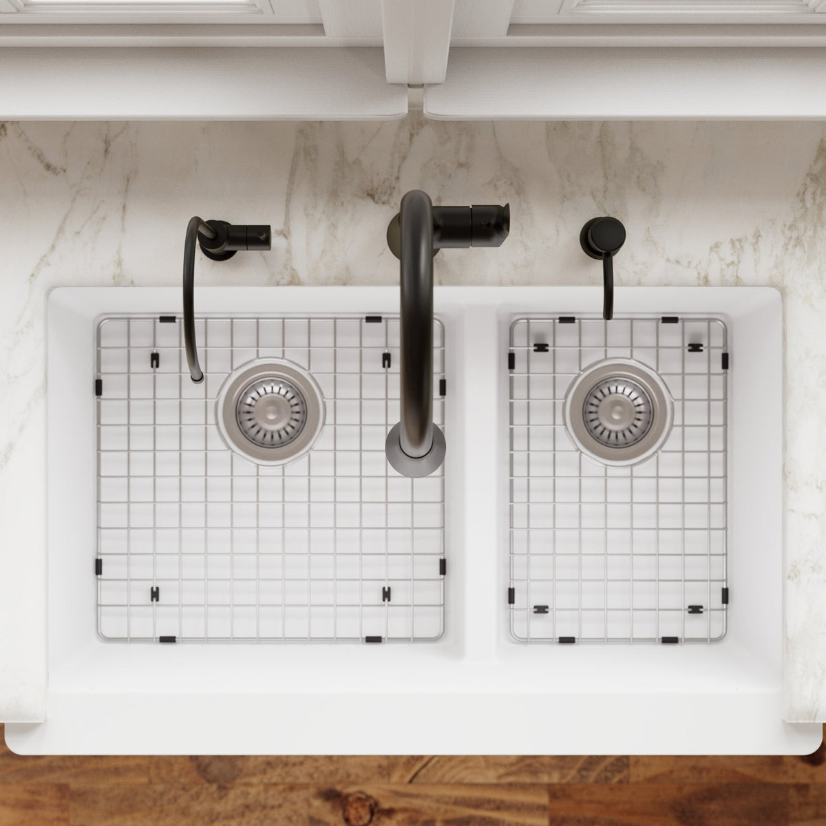 34" Farmhouse Double Offset Bowl Quartz Composite Kitchen Sink Kit In White