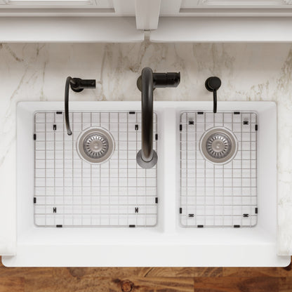 34" Farmhouse Double Offset Bowl Quartz Composite Kitchen Sink Kit In White