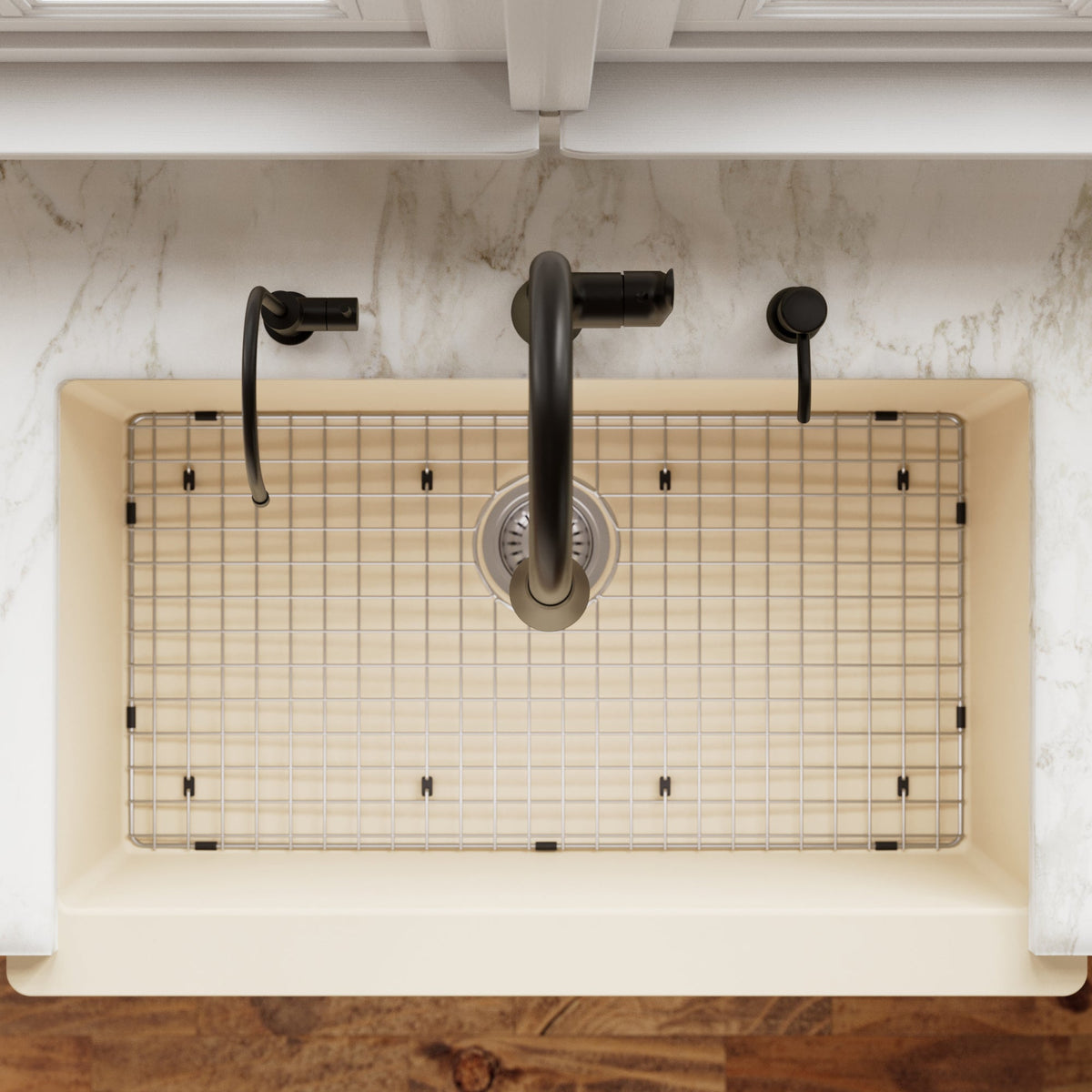 34"" Retrofit Farmhouse Large Single Bowl Quartz Composite Kitchen Sink Kit In Bisque