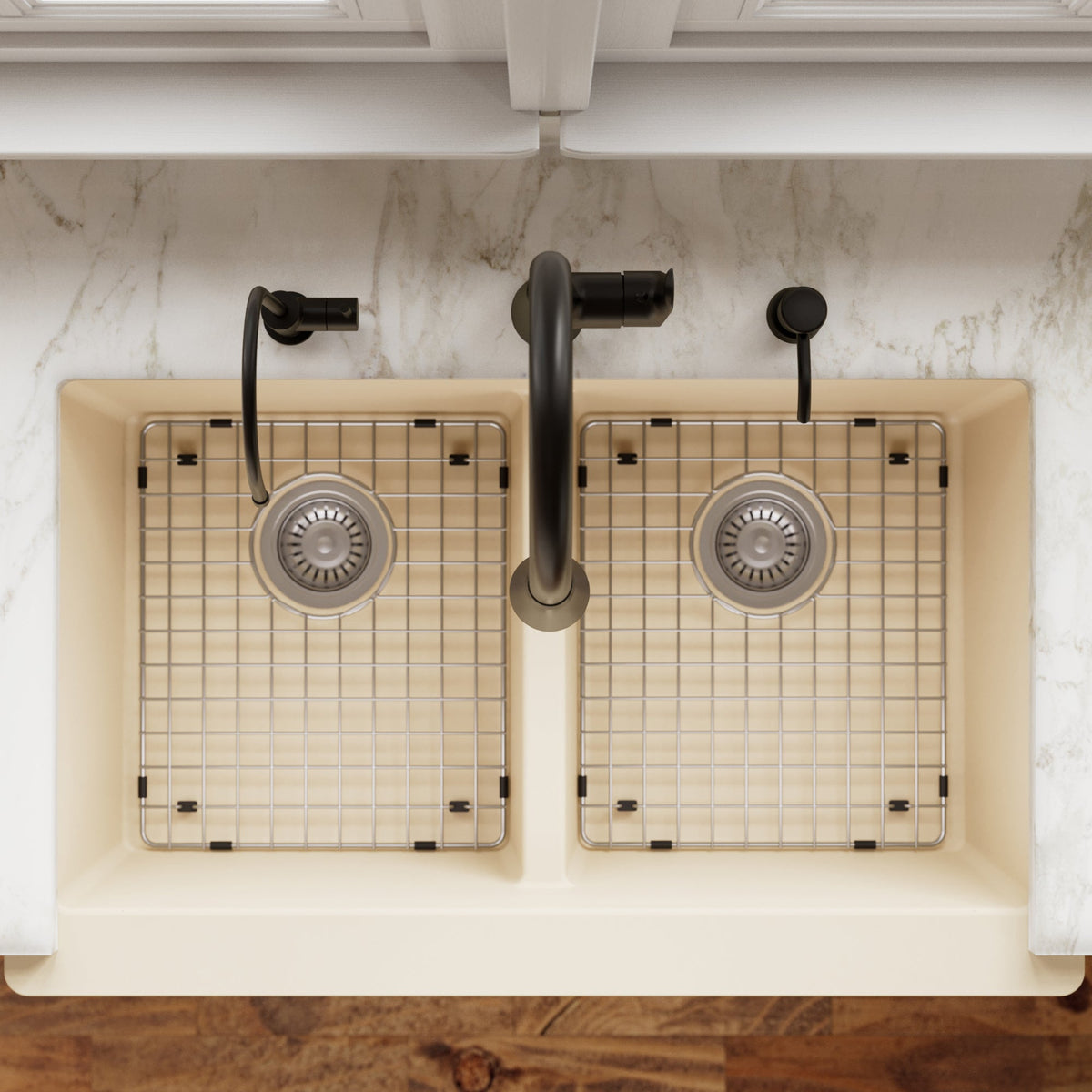 34" Retrofit Farmhouse Double Equal Bowl Quartz Composite Kitchen Sink Kit In Bisque