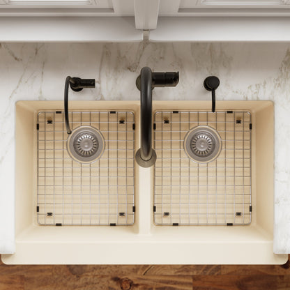 34" Retrofit Farmhouse Double Equal Bowl Quartz Composite Kitchen Sink Kit In Bisque