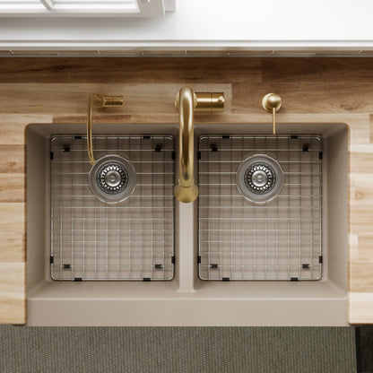 34" Retrofit Farmhouse Double Equal Bowl Quartz Composite Kitchen Sink Kit In Concrete