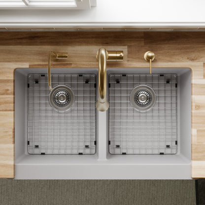 34" Retrofit Farmhouse Double Equal Bowl Quartz Composite Kitchen Sink Kit In Grey