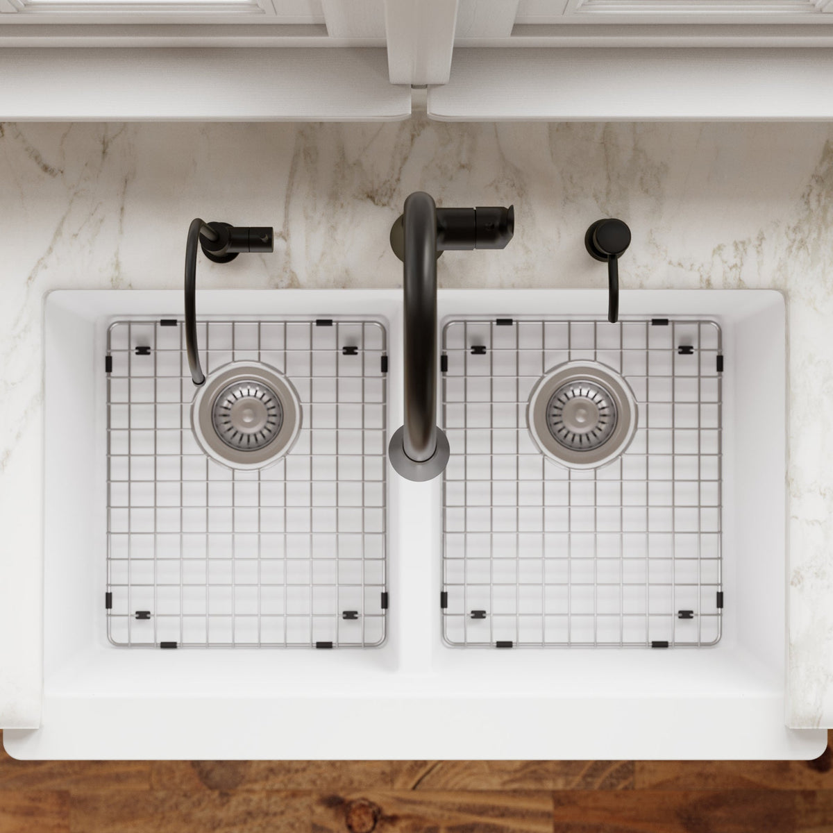 34" Retrofit Farmhouse Double Equal Bowl Quartz Composite Kitchen Sink Kit In White
