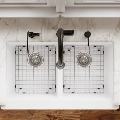 34" Retrofit Farmhouse Double Equal Bowl Quartz Composite Kitchen Sink Kit In White